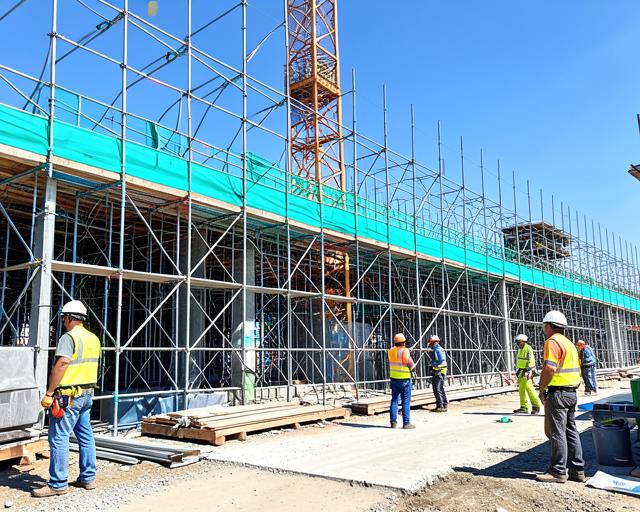 Estaleiro de construção com andaimes e trabalhadores