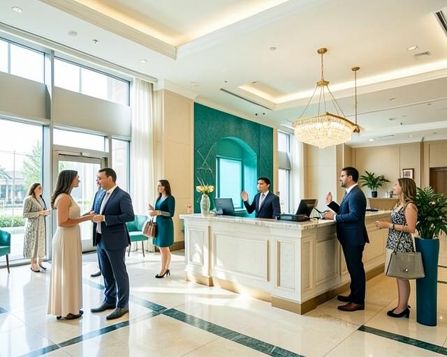 Receção de hotel com funcionários a receber hóspedes