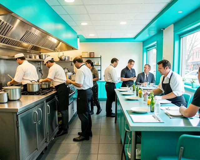 Cozinha e sala de restaurante com equipa em serviço