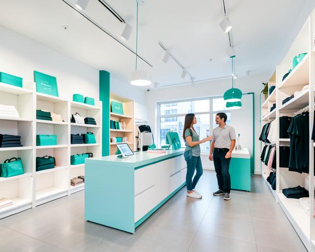 Interior de uma loja moderna com assistente e cliente