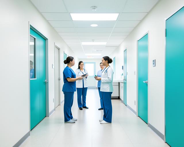 Corredor de clínica com enfermeiros e médico